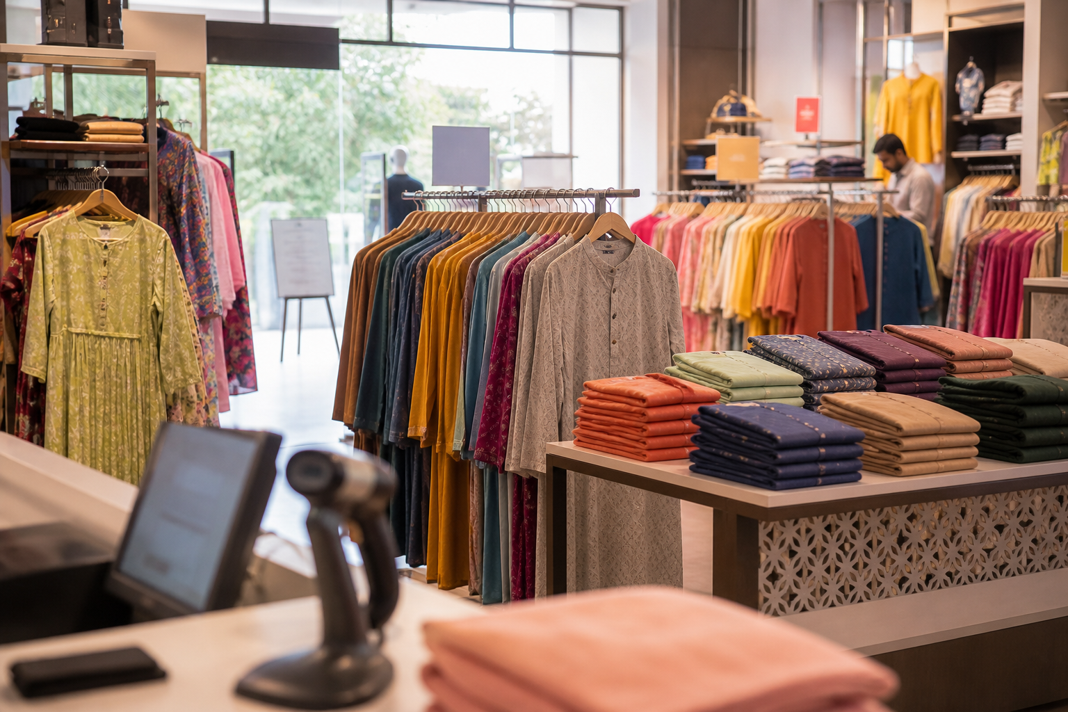 Fashion retail store interior with apparel racks and a bright storefront