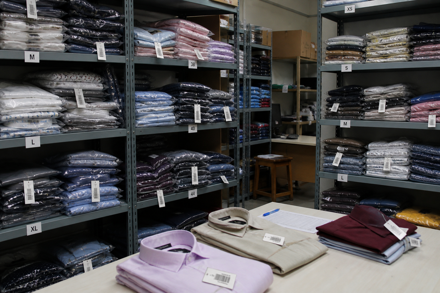 Garments stockroom shelves with folded clothing and inventory tags