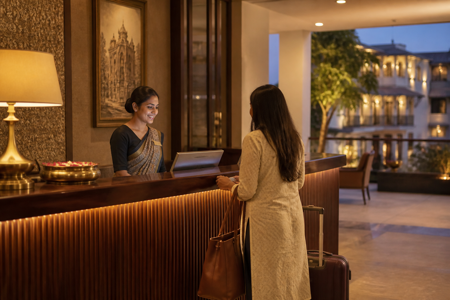 Boutique hotel front desk with warm lighting and a calm reception lobby