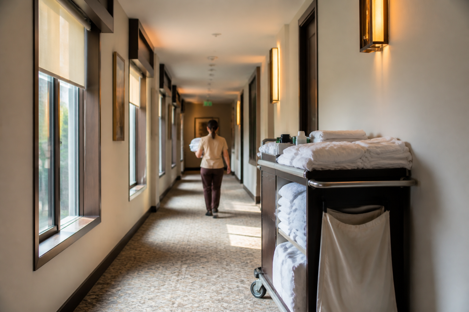 Hotel housekeeping corridor with linen trolley and clean rooms ready for guests