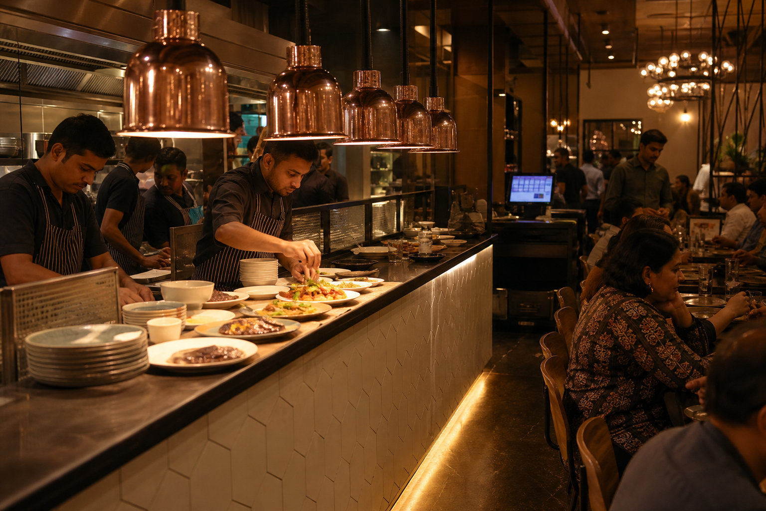 Restaurant dining room with open kitchen pass and warm amber lighting
