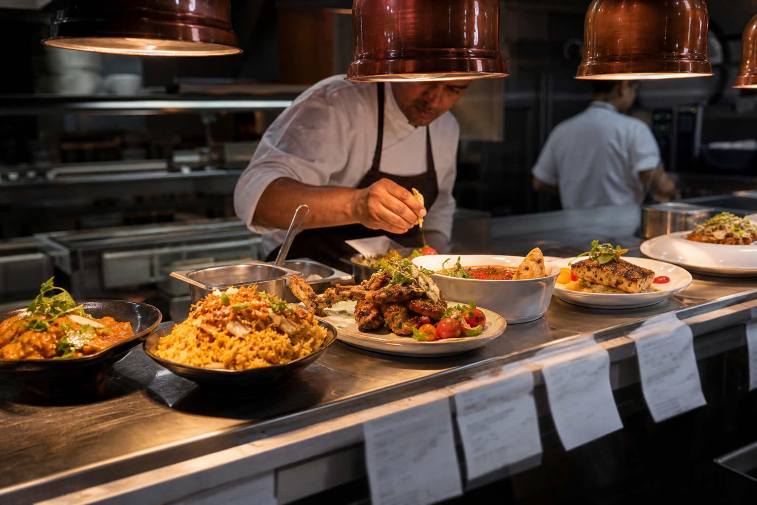 Commercial kitchen pass with plated dishes under heat lamps during service