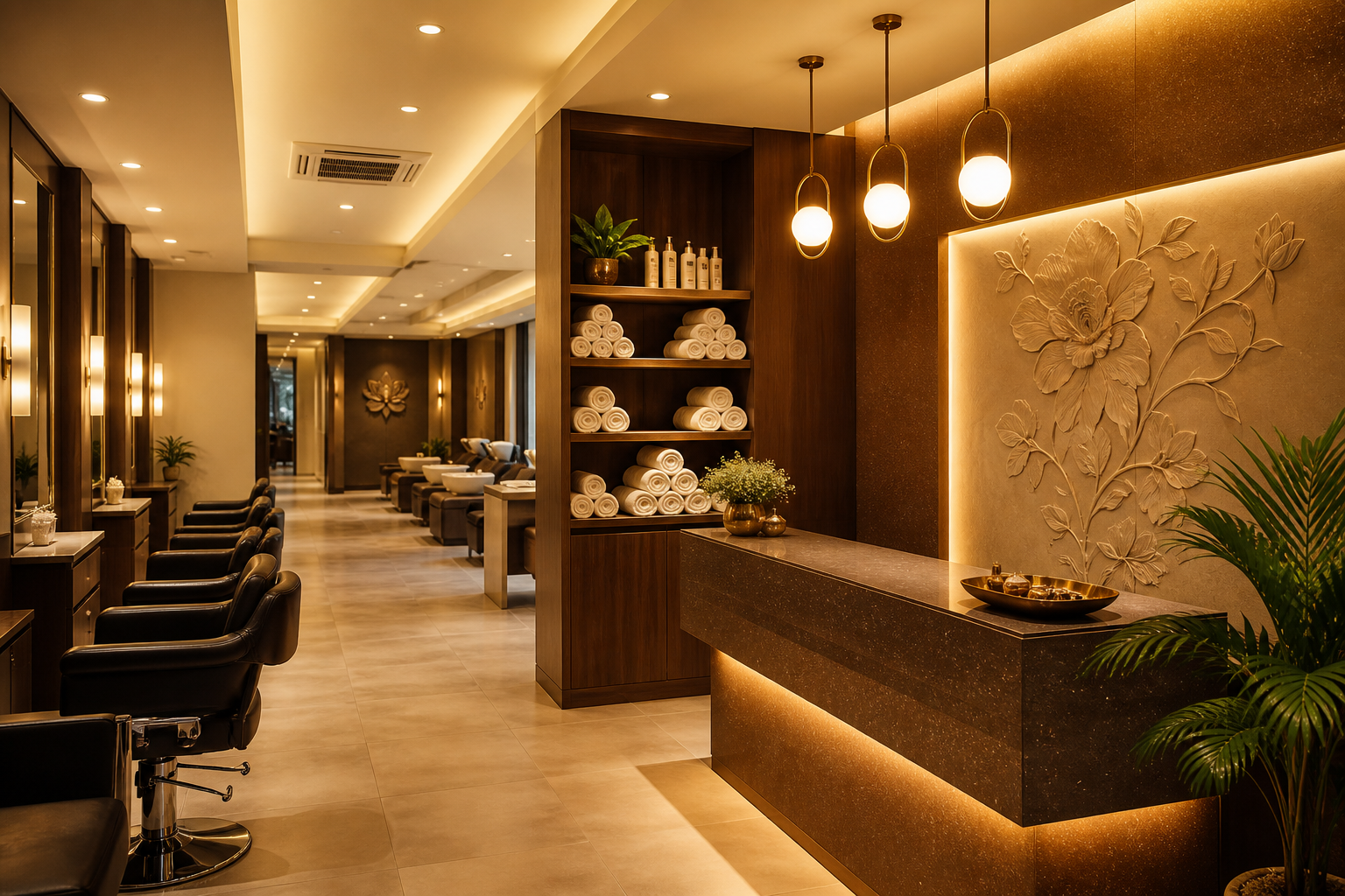 Premium salon and spa reception with soft gold lighting and styling chairs