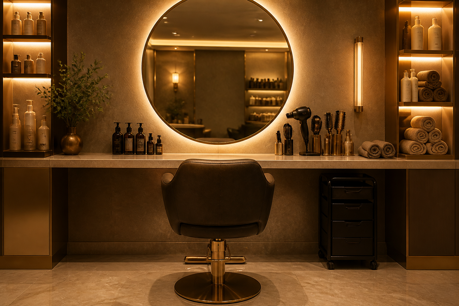 Salon styling station with mirror, tools, and neatly arranged towels