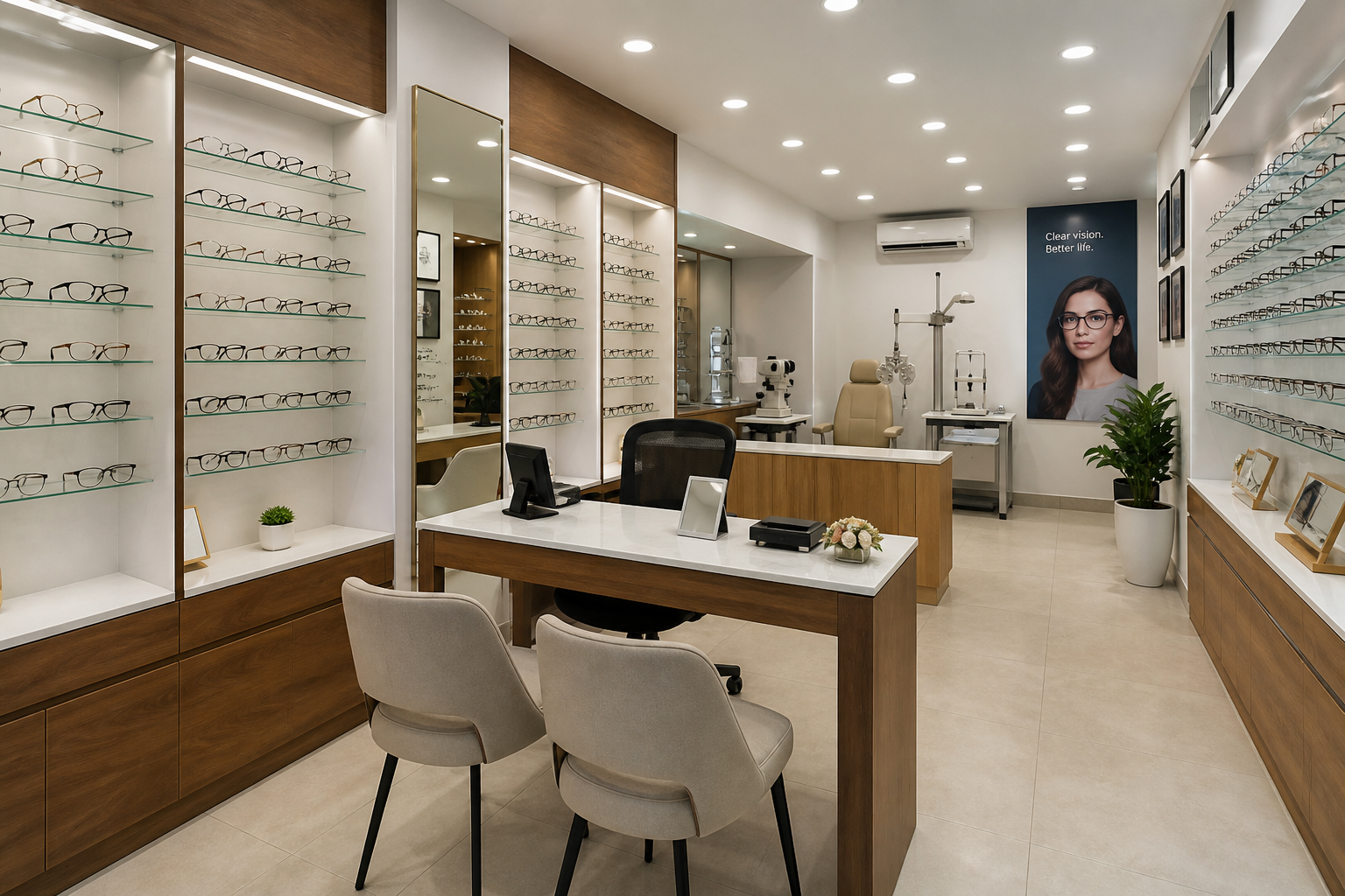 Modern optical clinic with spectacle frame displays and a fitting mirror
