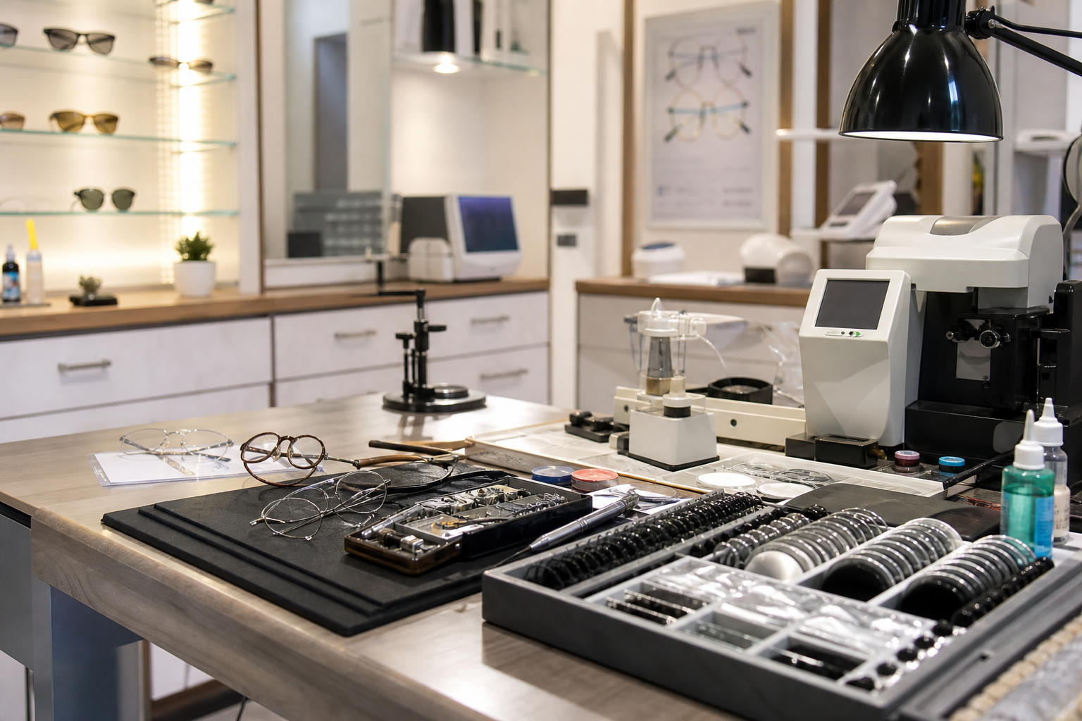 Optical workshop bench with spectacle frames, lens trays, and fitting tools